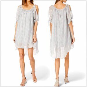 M Made in Italy Light Gray Silk Polka Dot High Low Hem Flowy Dress NEW NWT L